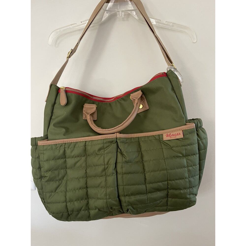 Maman New York Designer Diaper Bag With Matching Changing Pad Green, Tan Handles - Picture 8 of 8